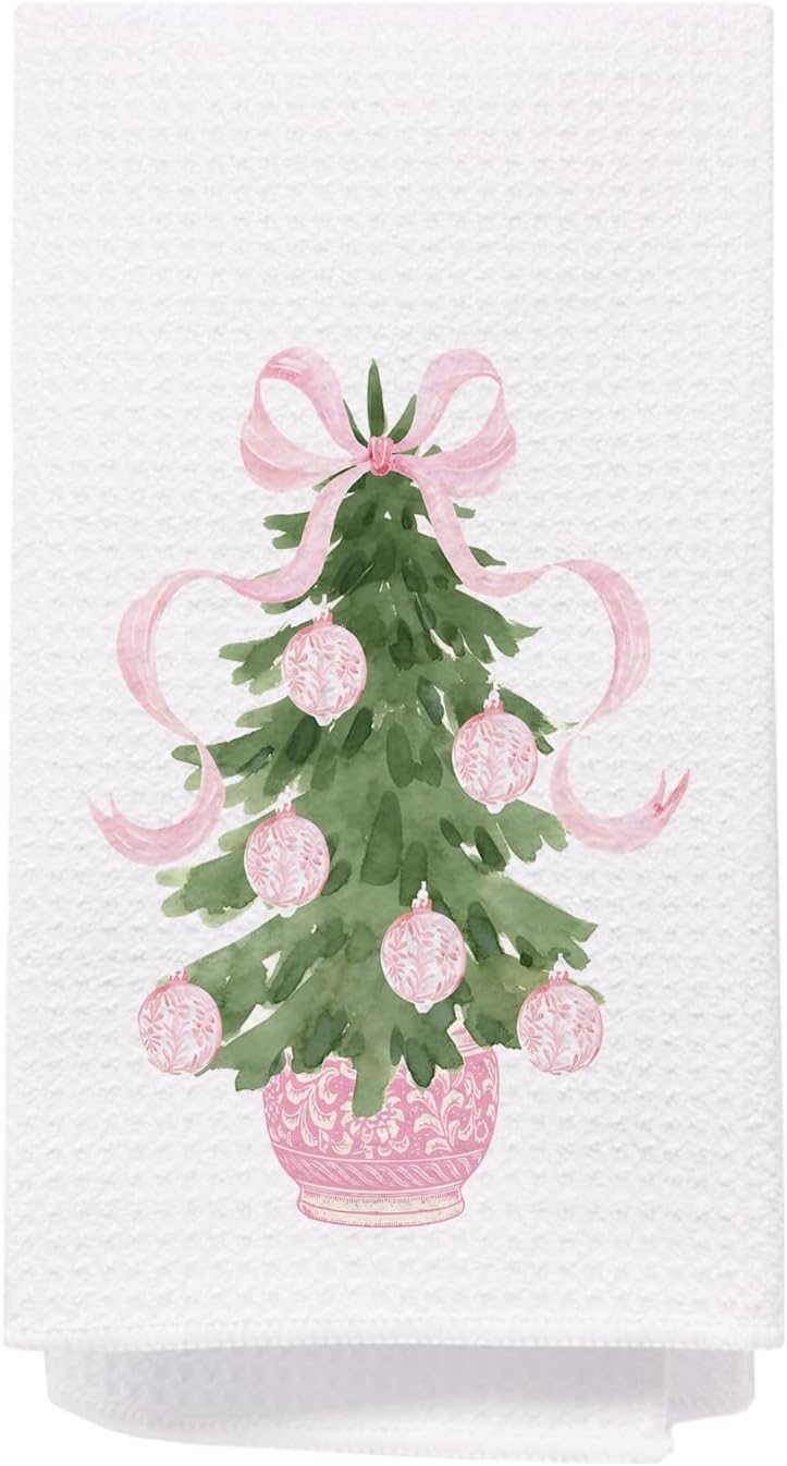 SPBL&L Chinoiserie Christmas Kitchen Towels, Pink Bow Tree Decorative Hand Towels for Bathroom, 16x24 Inch - Image 1